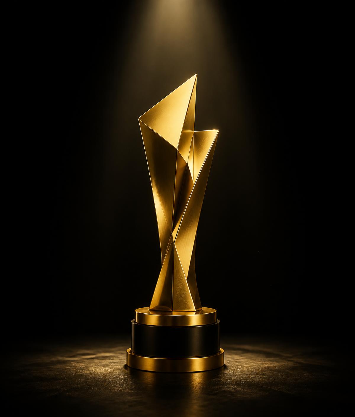 Troféu dourado do SANCA AWARDS sob um holofote